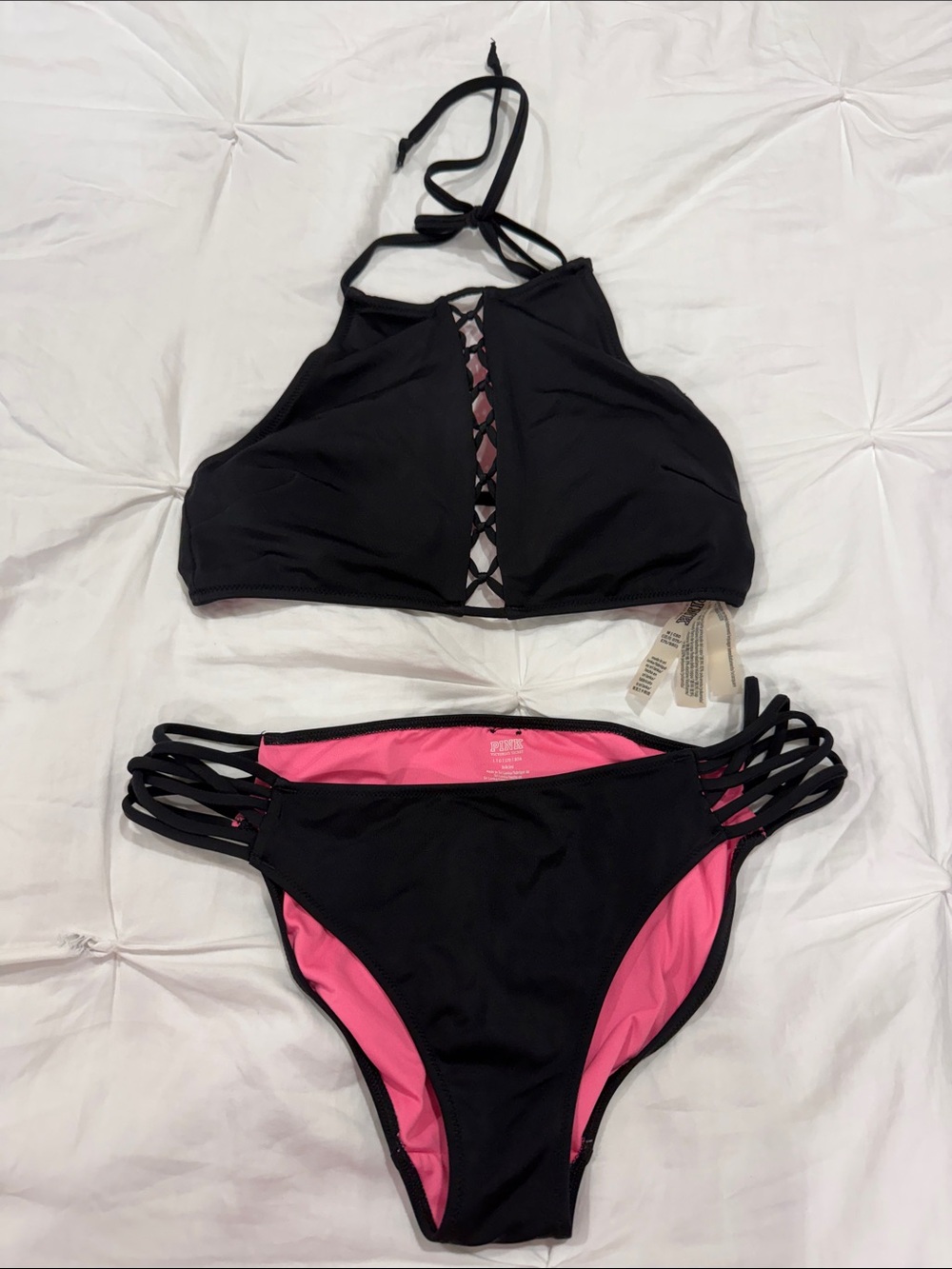 PINK Victoria's Secret Black Bikini with Pink Lining & Strappy Sides